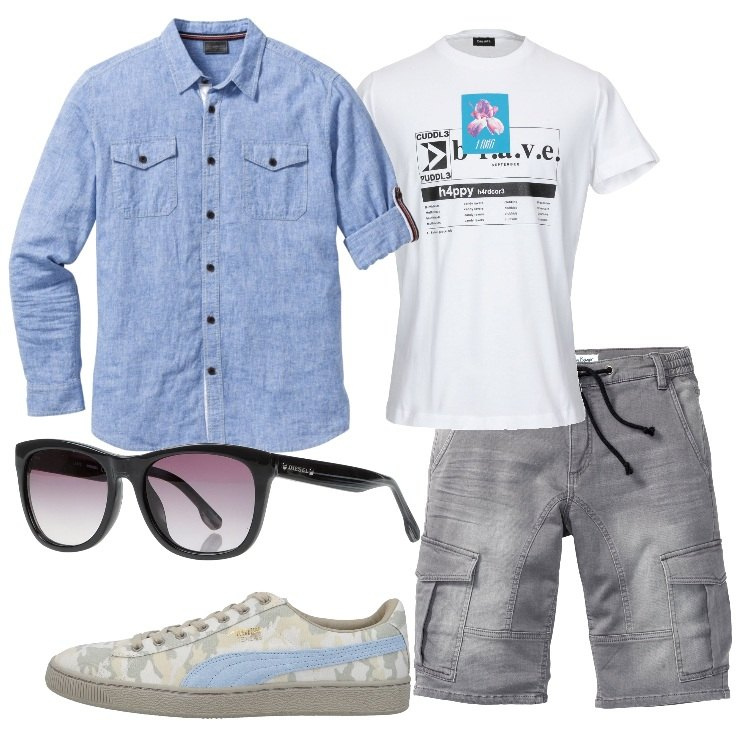Outfit uomo - Bermuda e Puma camouflage. Stile Casual per Tutti i giorni. Abbinamento con bermuda, camicie, t-shirt e polo senza tasche con stampa collo tondo a maniche corte in cotone jersey, scarpe basse tennis fantasia effetto scamosciato senza tacco con punta tonda in di origine animale, occhiali da sole lenti sfumate montatura in plastica.