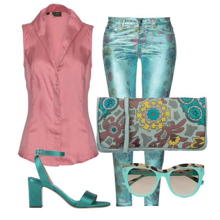 Outfit donna - Trendy #16134. Stile Trendy per Tutti i giorni. Abbinamento con jeans, pantalone fantasia floreale con zip in gabardine con bottoni, sandali con tacco squadrato e cinturino con punta tonda in raso tinta unita, borse a mano, occhiali da sole.