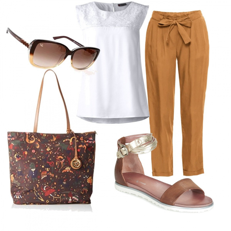 Outfit donna - Passeggiando per la città. Stile Basic per Tutti i giorni. Abbinamento con shopping bag, sandali verde e marrone, camicia, borsa a mano tote marrone, occhiali da sole marrone.