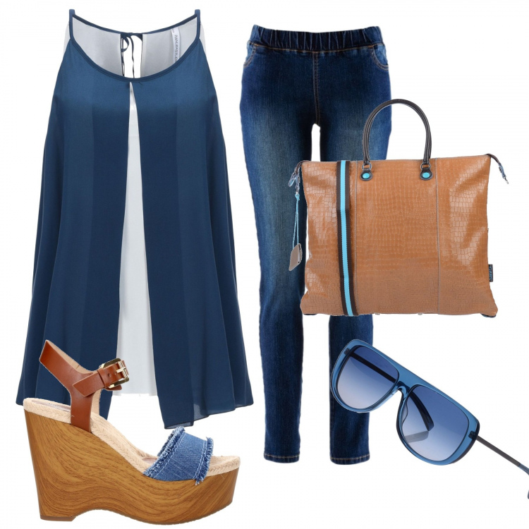 Outfit donna - Trendy #16180. Stile Trendy per Tutti i giorni. Abbinamento con treggings, top fantasia scollatura profonda in raso vestibilità ridotta, borsa a mano maxi con stampa e zip interno foderato in pelle tinta unita, occhiali da sole lenti colorate in montatura in metallo tinta unita, zeppe blu.