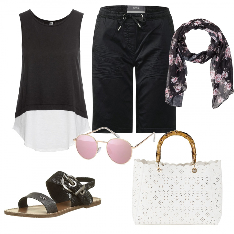 Outfit donna - Comodità estiva. Stile Basic per Tutti i giorni. Abbinamento con reggiseni, top nero, borsa a mano bianco, shorts chelsea, sandali nero, occhiali da sole.