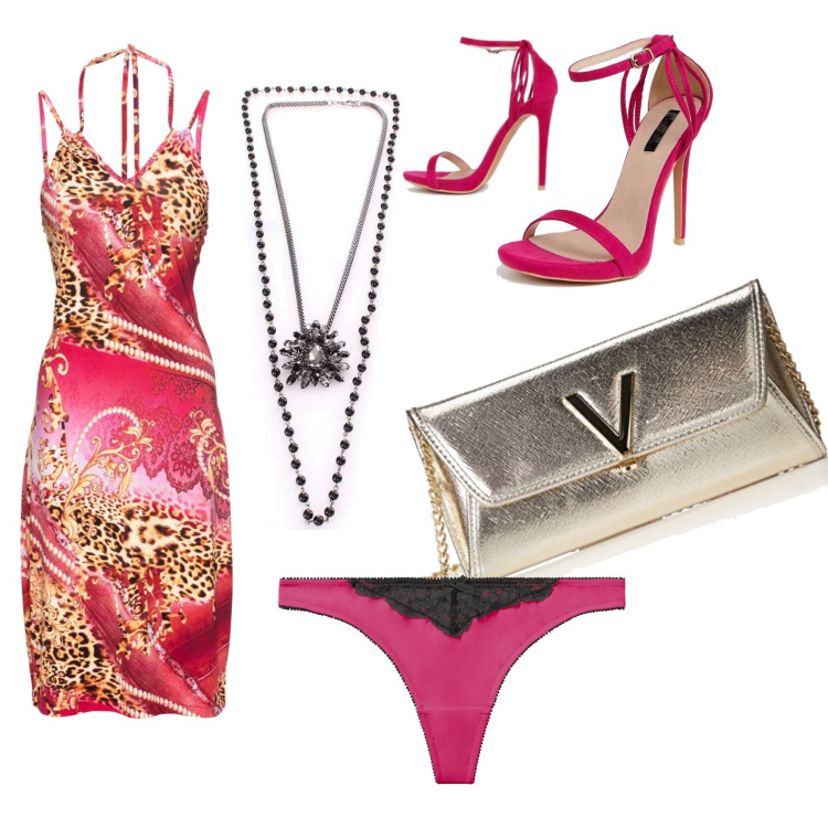 Outfit donna - Roberto Cavalli low cost. Stile Sexy per Serata fuori. Abbinamento con vestiti, perizoma mini con pizzo e arricciature fucsia, collane, sandali fucsia, borsa a tracolla oro.