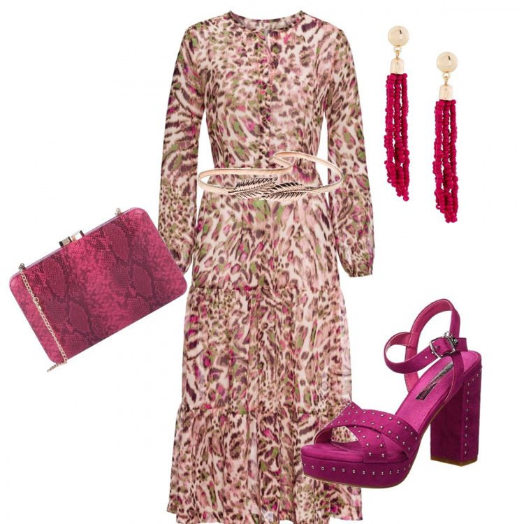 Outfit donna - Cavalli low cost. Stile Sexy per Serata fuori. Abbinamento con vestito fantasia rosa, cinture, orecchini con perle fucsia, borsa a mano, scarpe col tacco con cinturino rosa e fucsia.