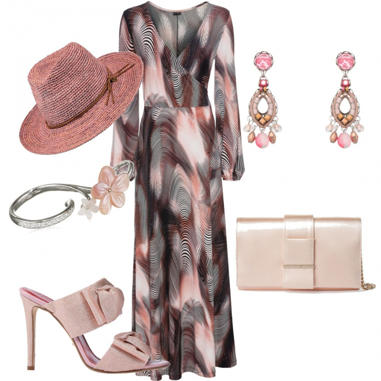 Outfit donna - Chic #9252. Stile Chic per Serata fuori. Abbinamento con vestito lungo a portafoglio rosa, sandali glitter con tacco spillo e punta tonda tinta unita, orecchini con perline e farfallina in ottone, clutch con zip in raso con tasca interna rosa, cappelli, anelli.