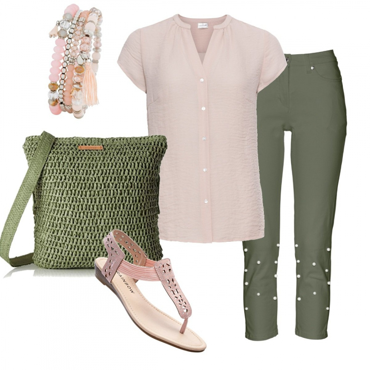 Outfit donna - Perle sui pantaloni. Stile Urban per Tutti i giorni. Abbinamento con pantalone con perle elasticizzato verde, camicetta chiffon beige, infradito, braccialetti, borsa a tracolla kaki.