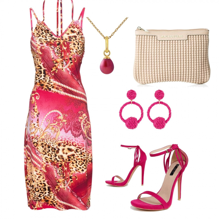 Outfit donna - Serata frizzante. Stile Sexy per Serata fuori. Abbinamento con vestiti, orecchini a bottone fucsia, sandali fucsia, pochette, braccialetto in oro giallo rosa.