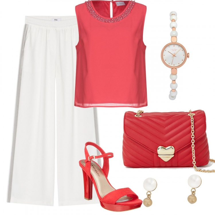 Outfit donna - Pantalone avorio. Stile Bon Ton per Serata fuori. Abbinamento con top con perline collo tondo senza maniche interno foderato crêpe, pantalone lungo, sandali con cinturino rosso, borsa a tracolla, orecchini, orologio analogico rosa.