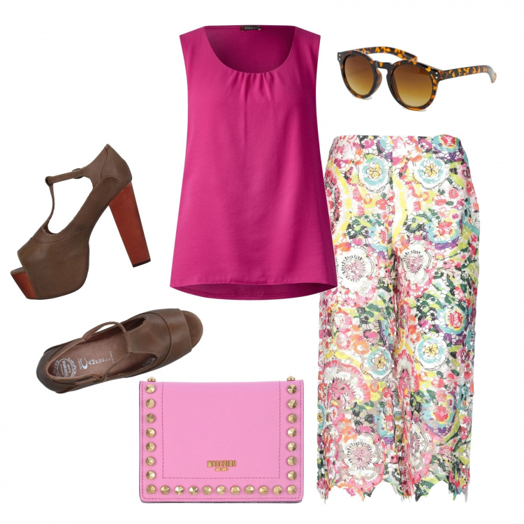 Outfit donna - Ufficio con colore. Stile Bon Ton per Ufficio. Abbinamento con pantalone capri con pizzo fantasia floreale vita alta con zip interno semi-foderato, décolleté con tacco squadrato e fibbia open toe tinta unita, portadocumenti con borchie tinta unita, canottiera rosa e nero, occhiali da sole oversize lenti scure stanghette sottili.