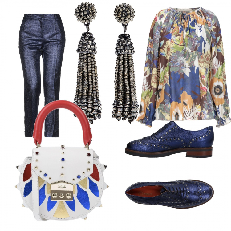 Outfit donna - Trendy #16293. Stile Trendy per Ufficio. Abbinamento con bluse, scarpe stringate stringate effetto laminato con tacco squadrato e punta tonda tinta unita, pantalone gamba cono effetto laminato con zip tinta unita, borsa a mano petit con strass e borchie in pelle con manico tinta unita, orecchini.