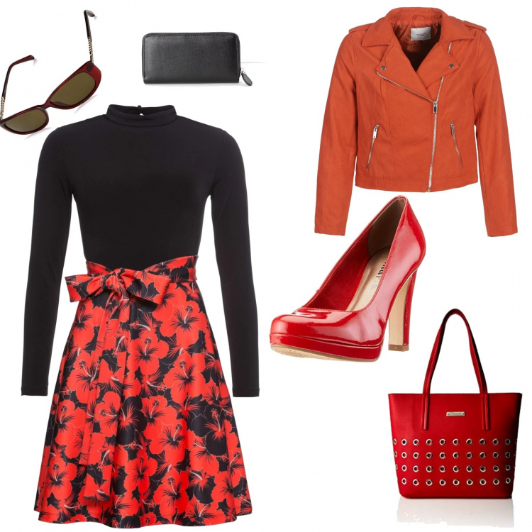 Outfit donna - Rosso relativo. Stile Rock per Serata fuori. Abbinamento con vestiti, portafoglio tinta unita nero, giacche, borse tote, scarpe con tacco rosso e nero, occhiali da sole rosso.