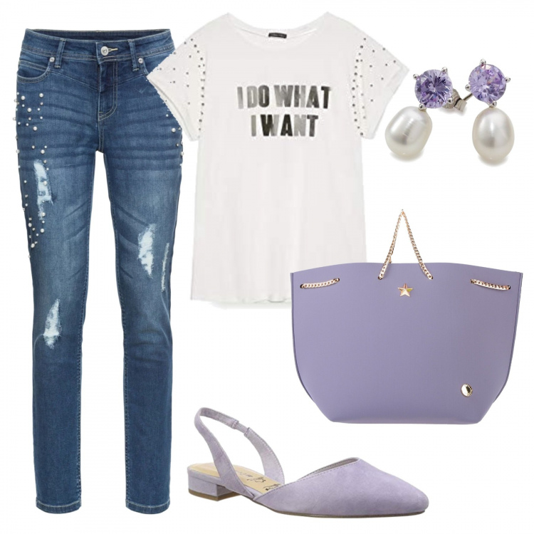 Outfit donna - Perle ovunque. Stile Trendy per Tutti i giorni. Abbinamento con cardigans, borsa a mano maxi doppio manico interno sfoderato tinta unita, t-shirt con perle a maniche corte jersey bianco e argento, sandali, orecchini.