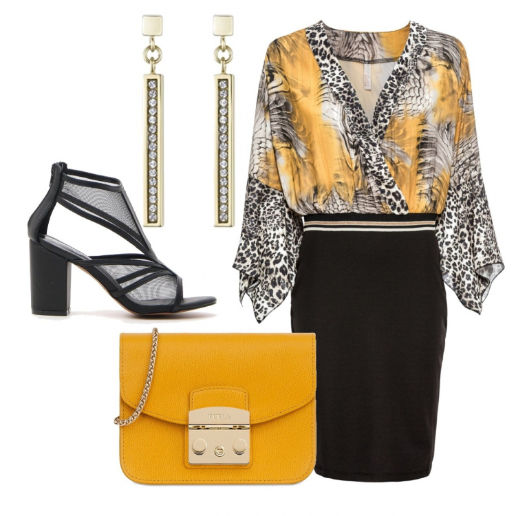 Outfit donna - Stile Cavalli per te low-cost. Stile Chic per Serata fuori. Abbinamento con vestiti, borsa a tracolla petit a scatto interno foderato in pelle tinta unita, sandali, orecchini pendenti in acciaio inox giallo.