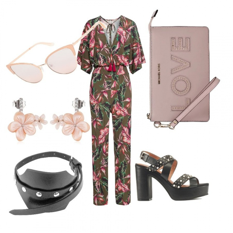 Outfit donna - Doppia anima: fiori e borchie!. Stile Trendy per Serata fuori. Abbinamento con tute, bracciale, occhiali da sole in montatura in metallo, pochette con manico e borchie rosa, sandali con cinturino e borchie, orecchini.