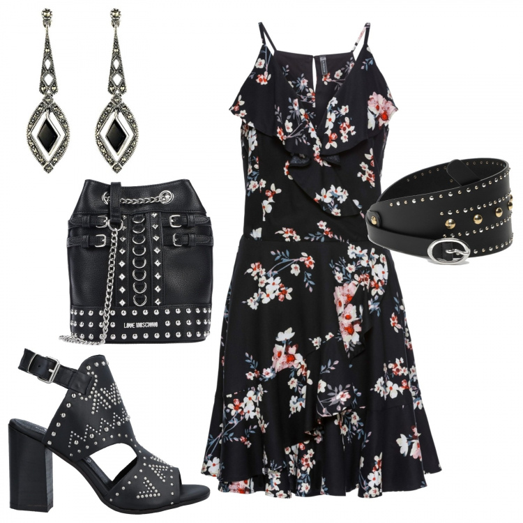 Outfit donna - Fiori & Borchie. Stile Rock per Tutti i giorni. Abbinamento con vestiti, sandali pelle con borchie e tacco squadrato con fibbia e punta tonda in pelle tinta unita, borsa a tracolla mini con borchie e cinturino interno foderato in pelle sintetica tinta unita, cintura con borchie e fibbia nero, orecchini in argento 925 nero.