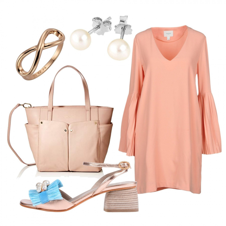 Outfit donna - Bon ton in ufficio. Stile Bon Ton per Ufficio. Abbinamento con sandali effetto laminato con tacco squadrato e fibbia con punta quadrata tinta unita, vestito corto a trapezio plissè collo a v a maniche lunghe interno sfoderato crêpe, anelli, orecchini in oro bianco, shopping bag.