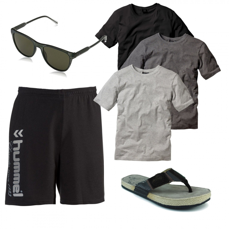 Outfit uomo - Grigliata con gli amici. Stile Casual per Tutti i giorni. Abbinamento con t-shirt, shorts  nero, sandali, occhiali da sole nero.