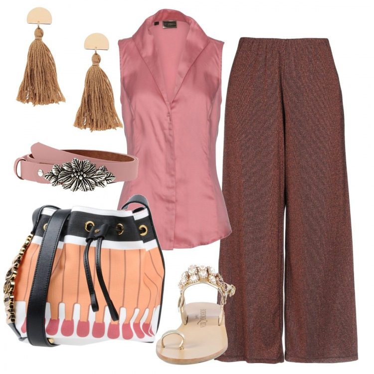 Outfit donna - Con stile anche senza tacchi. Stile Chic per Tutti i giorni. Abbinamento con jeans, pantalone a sigaretta con pizzo effetto laminato vita alta jersey, borsa a tracolla, orecchini, sandali con punta tonda, cinture.