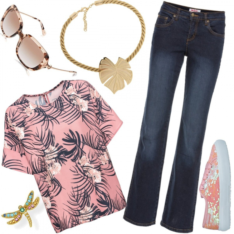 Outfit donna - Basic #9940. Stile Basic per Tutti i giorni. Abbinamento con jeans dritti, bluse, sneakers tennis, collana effetto laminato girocollo, occhiali da sole e montature per occhiali da vista rosa, orecchini a perno in sterling 925 argento.