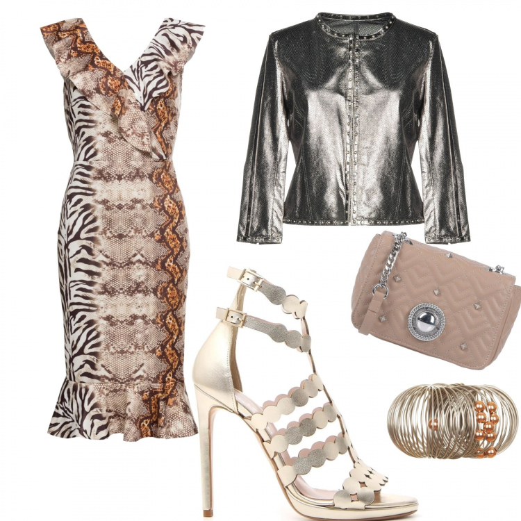 Outfit donna - Total look #292564. Abbinamento con vestito, blazer, borsa a tracolla, bracciale argento, sandali.