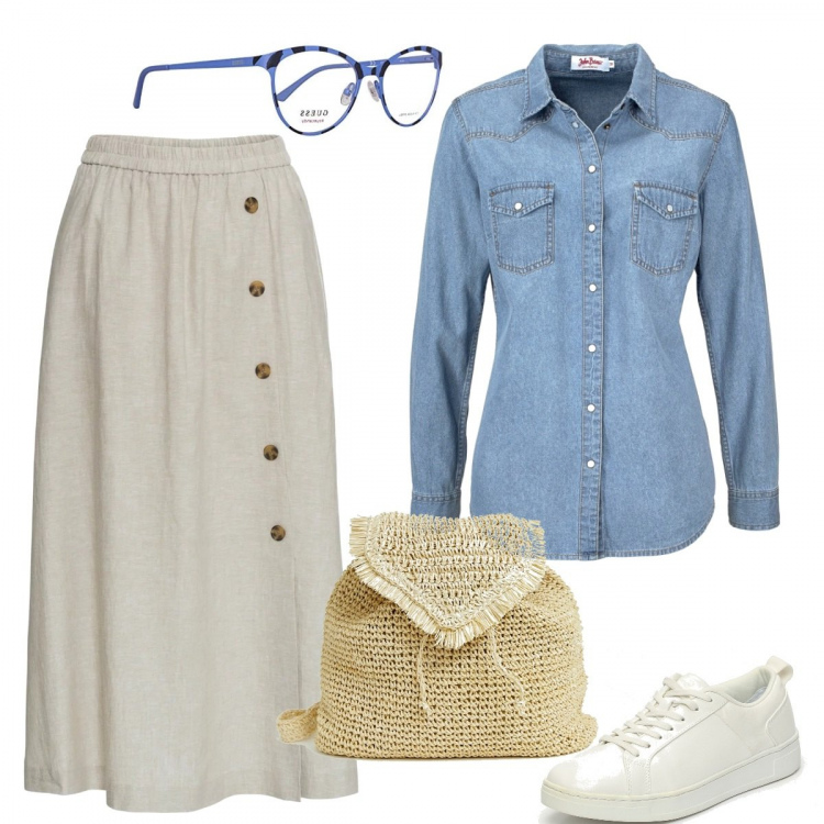 Outfit donna - Gonna lunga. Stile Basic per Scuola/Università. Abbinamento con camicie, gonna beige, sneakers con punta tonda bianco, zaino con manico e frange in rafia con bretelle, montatura occhiali unisex-adulto blu.
