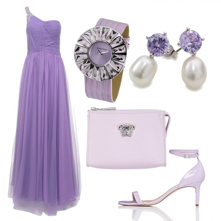 Outfit donna - Sul Red carpet: Pantone English Lavender. Stile Chic per Cerimonia. Abbinamento con vestito lungo monospalla plissè con zip interno foderato in tulle senza tasche tinta unita, pochette con zip interno foderato in pelle tinta unita, sandali col tacco, orologio, orecchini.