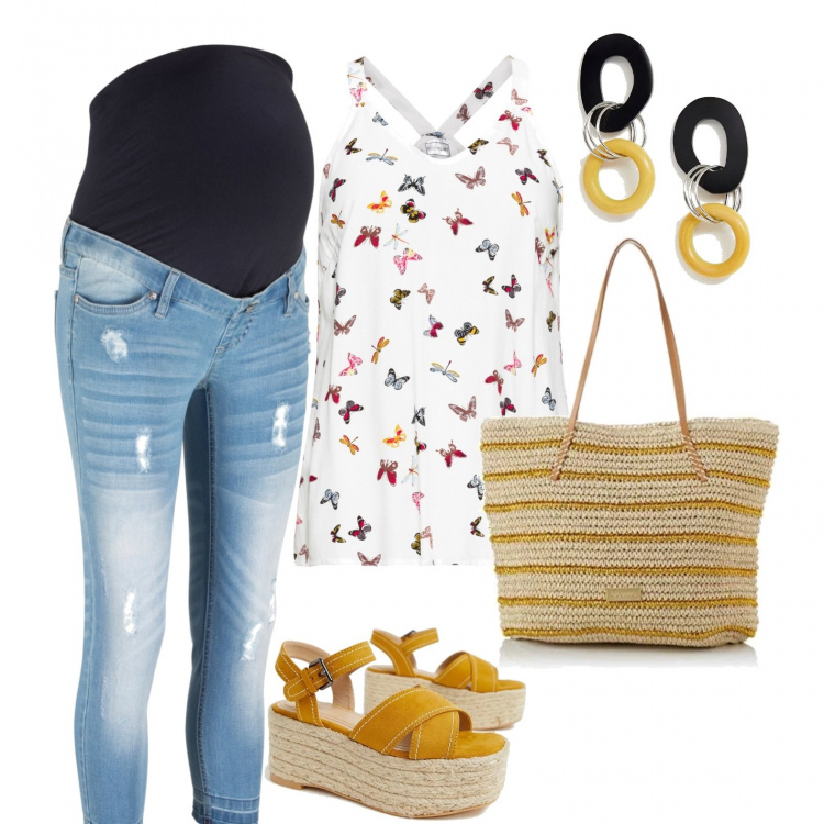 Outfit donna - Urban #5490. Stile Urban per Tutti i giorni. look ideale per Premaman. Abbinamento con top, jeans premaman skinny, sandali flatform con cinturino, orecchini argento, borse a spalla.