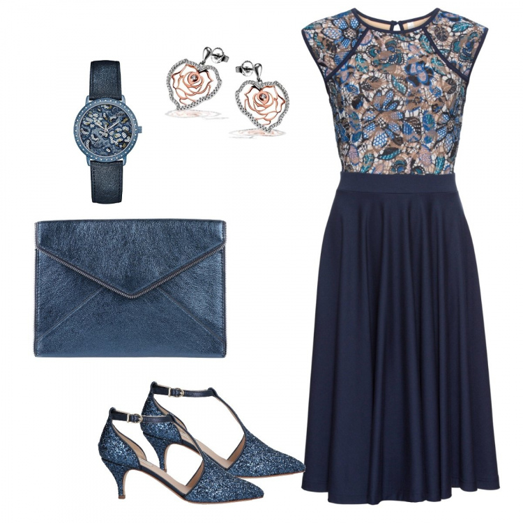 Outfit donna - Mosaico. Stile Chic per Cerimonia. Abbinamento con vestiti midi/longuette, décolleté glitter con fibbia a punta tinta unita, borsa a mano in pelle martellata taglia media interno foderato tinta unita, orologi analogici, orecchini scollo profondo in sterling 925 argento.
