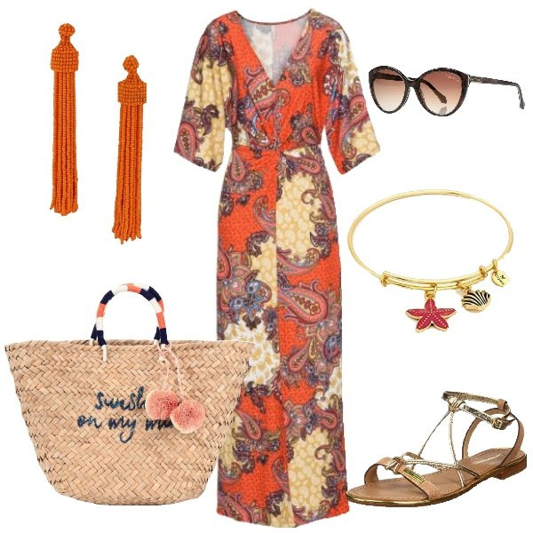Outfit donna - Lo spacco di giorno. Stile Trendy per Tutti i giorni. Abbinamento con vestiti, occhiali da sole lenti sfumate montatura in plastica, borsa a mano stretto, orecchini con perline e farfallina in placcato rodio argento, sandali in pelle, bangle.