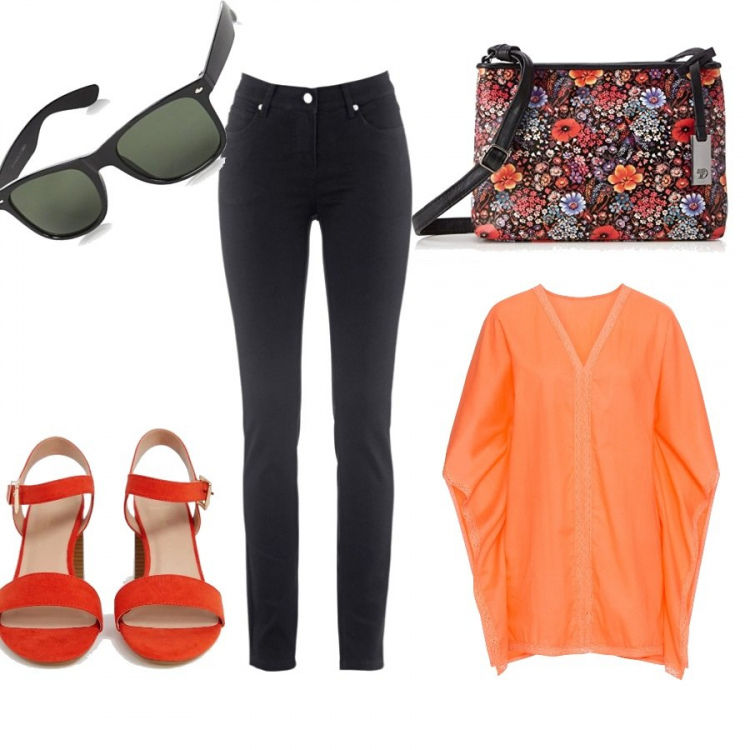 Outfit donna - Arancio. Stile Trendy per Tutti i giorni. Abbinamento con jeans slim fit, t-shirt, sandali con tacco largo e fibbia pianta larga, borsa a spalla in denim nero, occhiali da sole taglia unica nero.