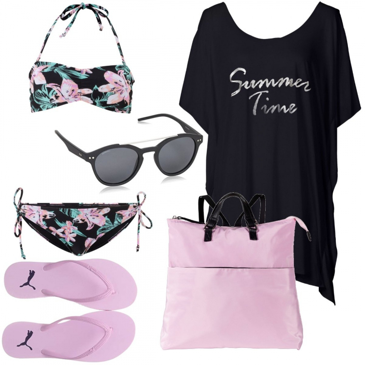 Outfit donna - Lilium rosa. Stile Basic per Mare. Abbinamento con vestiti da spiaggia, bikini, zaino con zip interno foderato con scomparti rosa, infradito rosa, occhiali da sole.