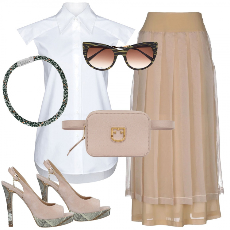 Outfit donna - Ispirazione Fendi. Stile Trendy per Serata fuori. Abbinamento con gonna lunga senza tasche con zip interno foderato in organza crêpe, sandali effetto scamosciato con fibbia e punta tonda tinta unita, camicia collo classico a maniche corte in cotone tinta unita, occhiali da sole fantasia, collana girocollo a scatto, marsupio.