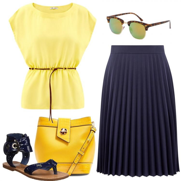 Outfit donna - La cintura sottile. Stile Basic per Tutti i giorni. Abbinamento con borsa a spalla con manico e stampa taglia media a scatto interno sfoderato in pelle sintetica tinta unita, gonna al ginocchio plissè con zip e pieghe blu, camicie a manica corta, sandali, occhiali da sole lenti colorate stanghette sottili protezione dai raggi.