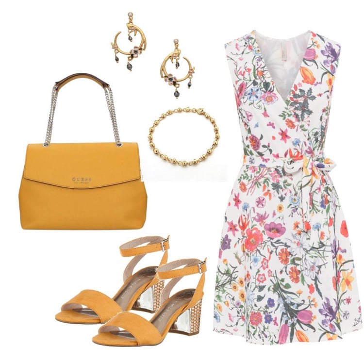 Outfit donna - Color del grano. Stile Basic per Tutti i giorni. Abbinamento con orecchini con strass e farfallina in ottone oro, vestito con cintura bianco, sandali con cinturino arancione, borsa a tracolla in ecopelle, braccialetto oro.