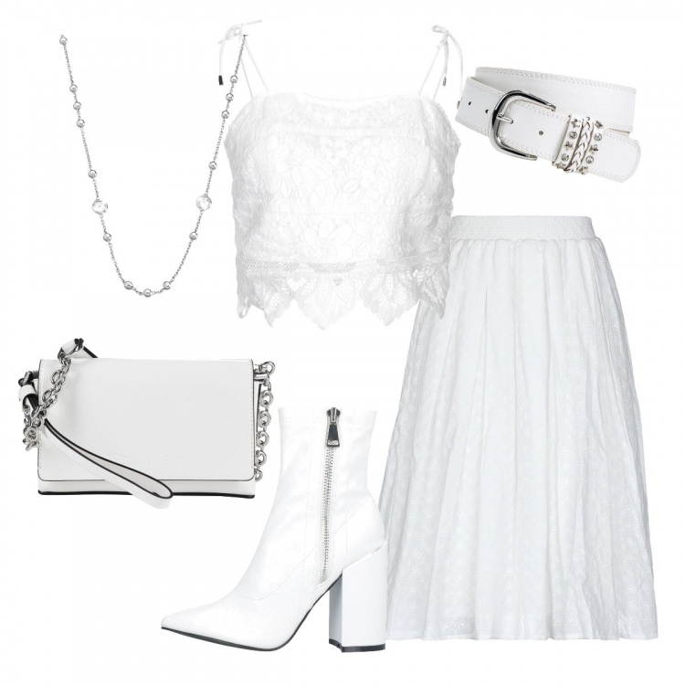 Outfit donna - Like a Virgin. Stile Rock per Serata fuori. Abbinamento con cinture, gonna longuette a trapezio con pizzo interno foderato in cotone senza tasche con pieghe, borsa a mano mini con zip in pelle sintetica tinta unita, stivaletti con tacco squadrato e zip a punta in pelle sintetica tinta unita, top con pizzo tinta unita, collana girocollo in argento 925 argento.