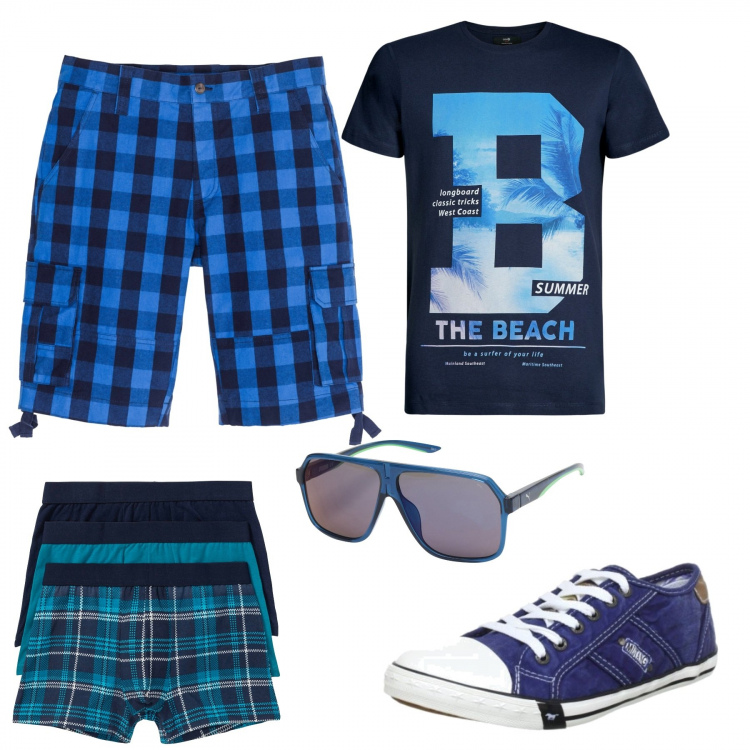 Outfit uomo - A quadretti dalla vita in giù!. Stile Casual per Tutti i giorni. Abbinamento con boxer, bermuda loose fit blu, occhiali da sole lenti a specchio montatura in plastica, sneakers, t-shirt.