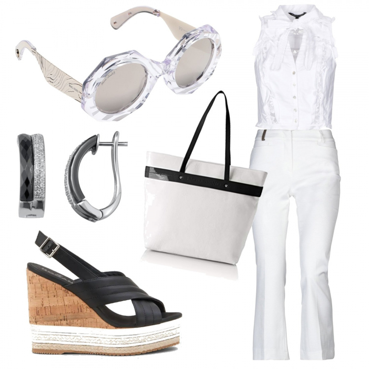 Outfit donna - Monday Style ... in ufficio. Stile Trendy per Ufficio. Abbinamento con pantaloni, top con fiocco e pizzo tinta unita, occhiali da sole lenti a specchio montatura in plastica, sandali con zeppe e fasce maxi, orecchini in sterling 925 argento, shopping bag.