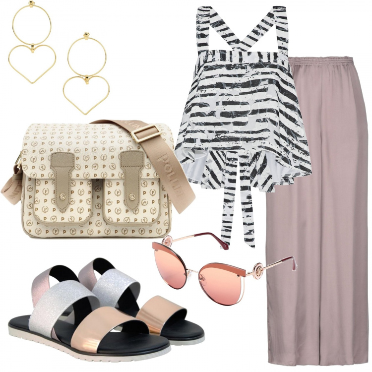 Outfit donna - Relax. Stile Basic per Tutti i giorni. Abbinamento con top fantasia floreale interno foderato con gancetti, occhiali da sole lenti sfumate in montatura in metallo, pantalone lungo, orecchini pendenti, sandali glitter con fasce in ecopelle, borsa a tracolla messenger con zip interno foderato in ecopelle con tracolla regolabile oro.