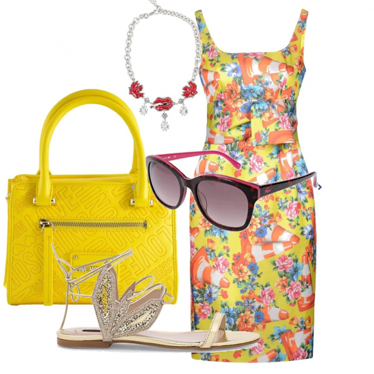 Outfit donna - Colorata. Stile Trendy per Ufficio. Abbinamento con vestito a tubino con spacco fantasia floreale scollatura profonda senza maniche con zip interno foderato in taffetà, collana, sandali effetto laminato con lacci, occhiali da sole multicolore, borsa a tracolla con zip interno foderato in ecopelle con tasca interna.