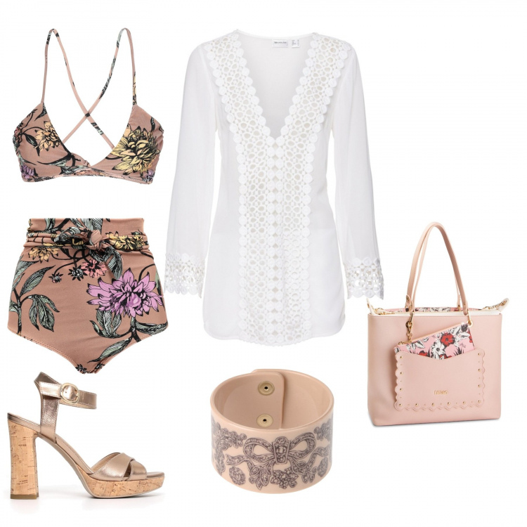 Outfit donna - Fiori e cipria. Stile Chic Abbinamento con tuniche, slip con fusciacca fantasia floreale jersey, reggiseni, bracciale, sandali con cinturino nero, shopping bag con borchie in pelle sintetica.