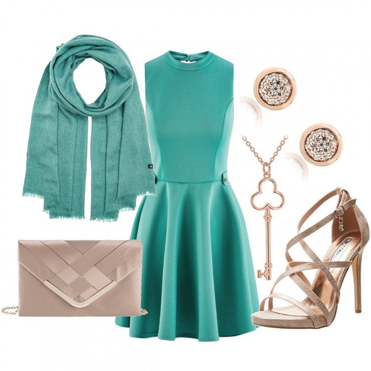 Outfit donna - Wedding estivo. Stile Chic per Cerimonia. Abbinamento con gonne, vestito, scarpe con cinturino rosa, collana argento, sciarpa taglia unica verde, orecchini a perno in sterling 925 ipoallergenico argento e oro e bianco.
