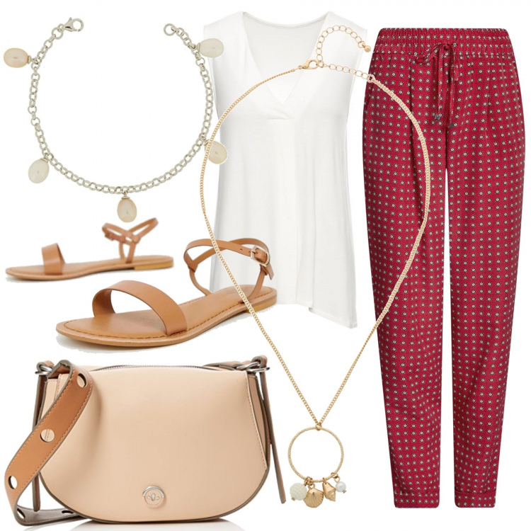 Outfit donna - Pantalone ampio, look fresco ma curato. Stile Basic per Tutti i giorni. Abbinamento con top, collana pendenti oro, pantalone rosso, sandali collo aperto in denim suola piatta, borsa a tracolla taglia unica beige, bracciale in sterling 925 argento.