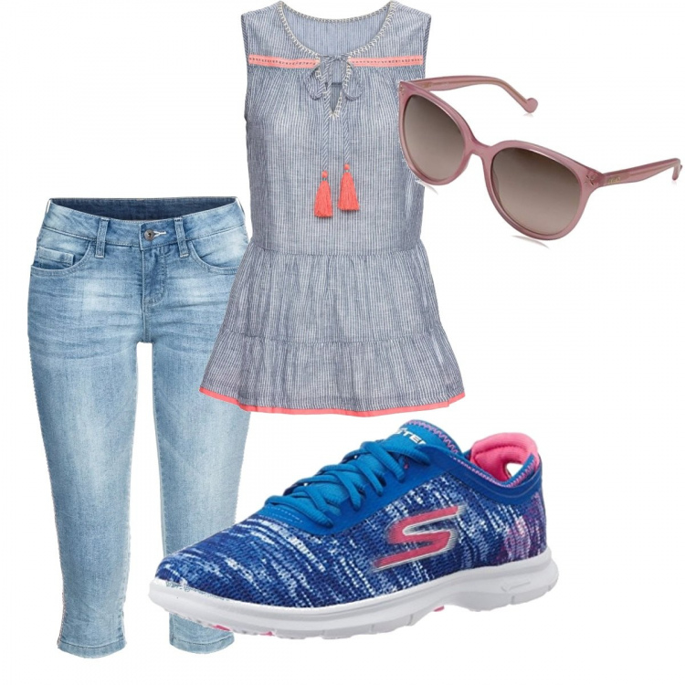 Outfit donna - Casual summer. Stile Basic per Tutti i giorni. Abbinamento con blusa contrasto con scollo senza maniche con laccetti blu, jeans, sneakers blu, occhiali da sole rosa.