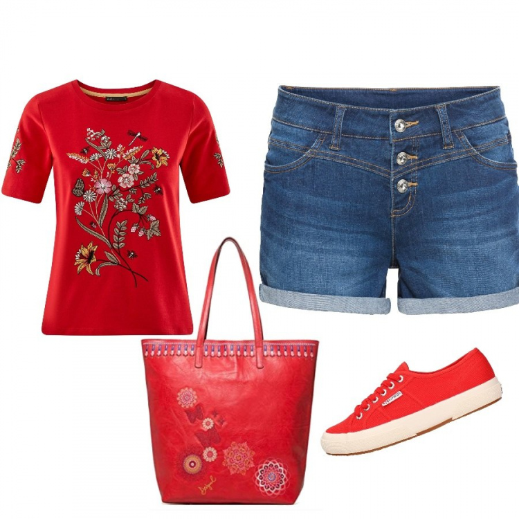 Outfit donna - Un gelato sul lungomare. Stile Basic per Tutti i giorni. Abbinamento con shorts, sneakers, t-shirt, borsa a spalla con zip rosso.