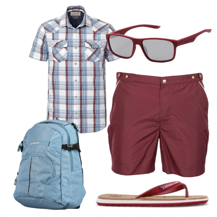 Outfit uomo - Giornata in piscina. Stile Casual per Mare. Abbinamento con slip in tessuto tecnico tinta unita, borsa, occhiali da sole lenti a specchio montatura in plastica, camicia, infradito rosso.