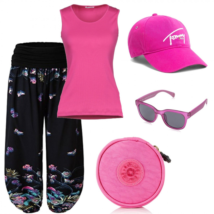 Outfit donna - Senza scarpe. Stile Basic per Mare. Abbinamento con canottiera collo tondo jersey, cappello rosa, pantalone fantasia floreale, portamonete rosa, occhiali da sole rosa.