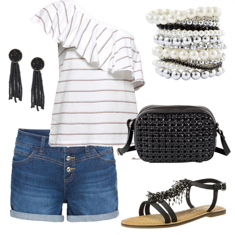 Outfit donna - Party in piscina. Stile Trendy per Serata fuori. Abbinamento con shorts, braccialetti, borsa a tracolla con zip nero, sneakers, vestaglia multicolore e bianco, sandali nero.