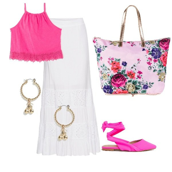 Outfit donna - Pizzi, balze e fiori. Stile Trendy per Tutti i giorni. Abbinamento con gonna lunga con pizzo bianco, shopping bag con zip oro, top con spalline sottili crop tinta unita fucsia, ballerine e scarpe flat petite rosa, orecchini a scatto oro.