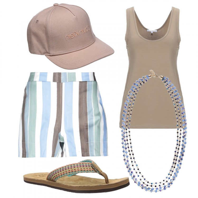 Outfit donna - Casual summer. Stile Basic per Tutti i giorni. Abbinamento con shorts a righe con tasche, top, collana blu, ciabatte, berretto baseball unisex-adulto beige.