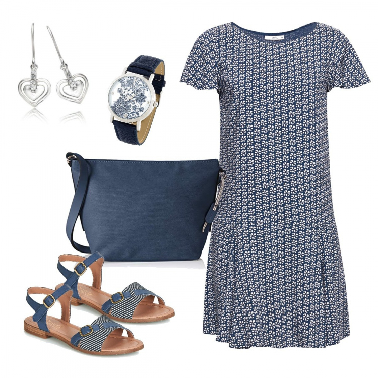 Outfit donna - Semplice semplice. Stile Basic per Tutti i giorni. Abbinamento con costumi interi, sandali blu, vestiti, borse a spalla, orecchini in sterling 925 argento.