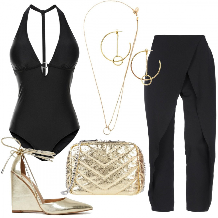 Outfit donna - Il costume da sera. Stile Chic per Serata fuori. Abbinamento con costumi interi, pantalone gamba cono contrasto vita alta con zip crêpe, borsa a tracolla mini in pelle martellata con zip interno foderato tinta unita, collane, orecchini, zeppe con stringhe petite con zeppe e tacco alto oro.